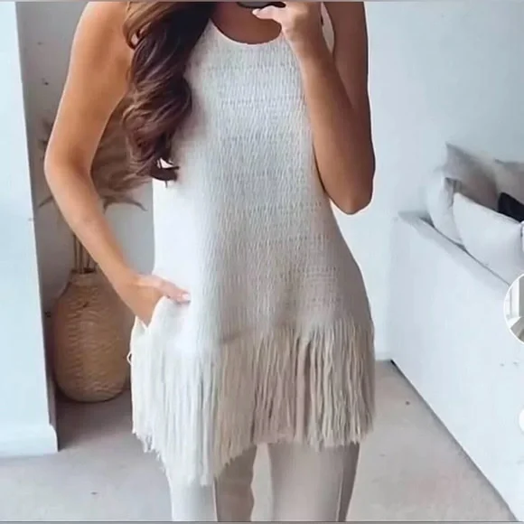 ZARA Ecru Cream Fringed Textured Weave Sleeveless Top Size XL Music Festival - Picture 2 of 12